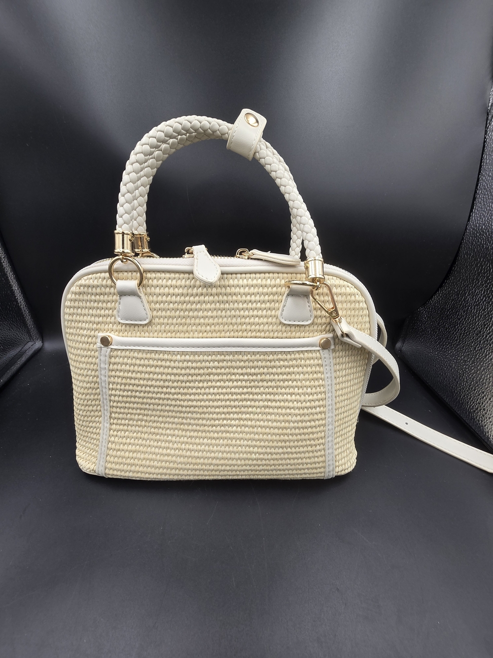 MMS Design Studio Cream Woven Top-Handle Satchel with Gold Hardware